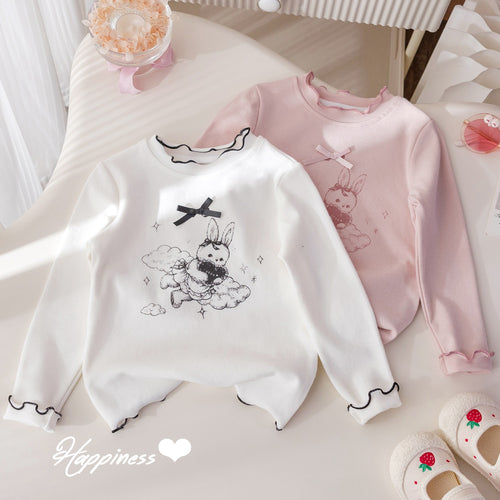 Girls' Ruffle Bow Cartoon Print T-Shirt