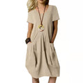Cotton Linen Round Neck Short Sleeve Dress - Casual Solid Color Summer Dress