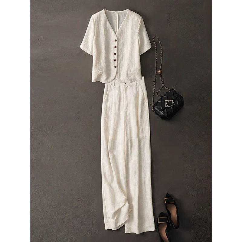 Summer Old Money Refined Short Sleeve Wide Leg Pants + Top 2-Piece Set