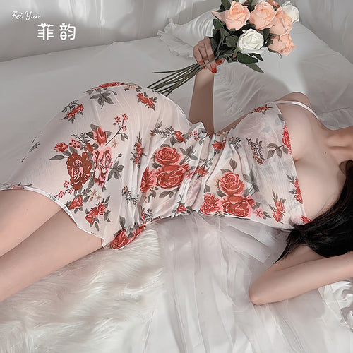 菲韵网红情趣内衣网纱印花荡领抹胸不规则裙摆吊带家居服代发633