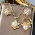 Fashionable Fresh Simple Versatile Imitation Pearl Pendant Snowflake Rhinestone 3-Piece Set Necklace Earrings Set Ring In Stock