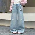 Girls' Bow Beaded Pearl Wide-Leg Straight Jeans