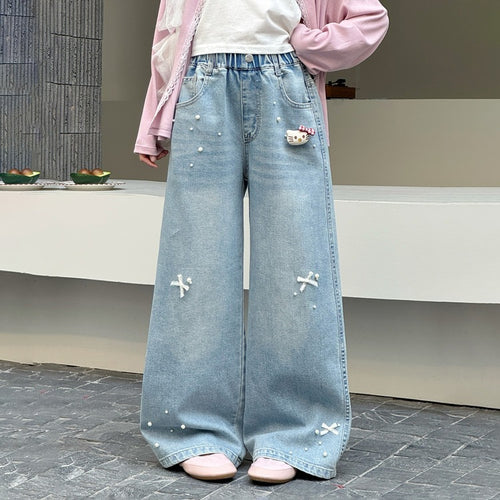 Girls' Bow Beaded Pearl Wide-Leg Straight Jeans