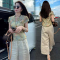 Summer New Chinese Casual Frog Button Loose Wide Leg Pants + Top Set
