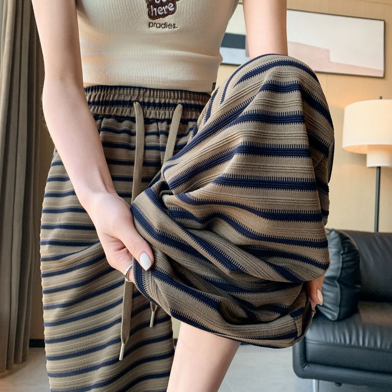 Summer Korean Casual High Waist Striped Loose Straight Leg Wide Leg Pants + Pants