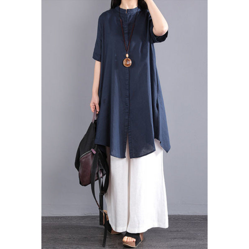 Summer Artistic Plus Size Cotton Short Sleeve Loose Mid-Length Long Wide Leg Pants + Shirt Set