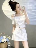 Summer Trendy Fashion Short Sleeve Off-Shoulder Cropped Skirt + Camisole Set