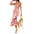 Women's French Floral Halter Tie Waist Slim Maxi Dress