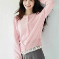 Women's Spring Korean Lace Crew Neck Tie-Front Waist-Tie Lace Trim Knit Top + Cardiga - As Pictured