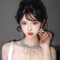 Korean Style ins Rhinestone Fan Shape Teardrop Stud Earring Necklace Set Niche Design Detail Clavicle Chain Personality Elegant Trendy Necklace