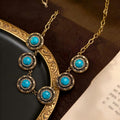 Vintage Turquoise Sunflower Necklace Imperial Breeze Western Retro Pendant Rhinestone Personality Sweater Chain