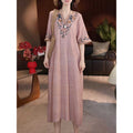 Retro Cotton Linen Embroidered V-Neck Plus Size Long Dress