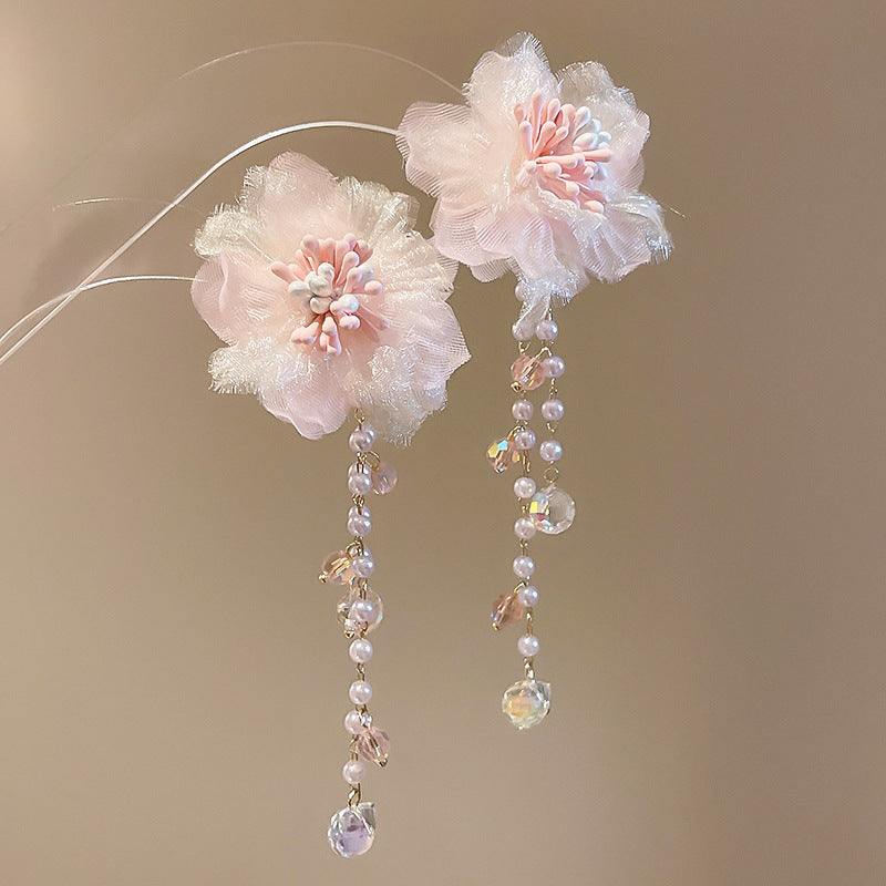 Pink Seed Bead Flower Pearl Tassel Earrings - view 7