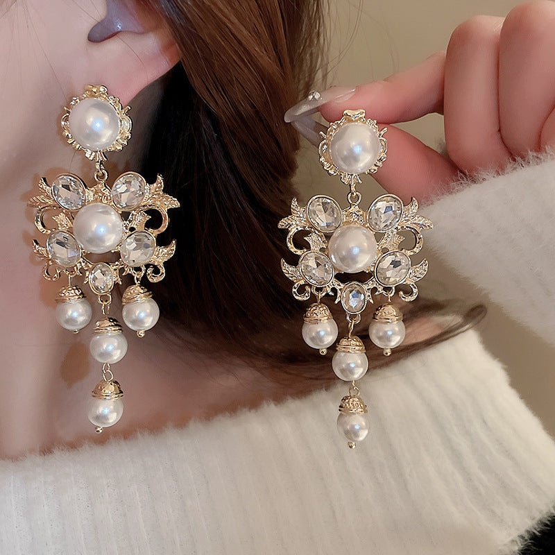 Pearl Flower Rhinestone Tassel Earrings - view 3