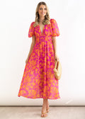 Printed V-Neck Puff Sleeve Bohemian Fitted Beach Dress