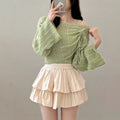 Women's Korean Fashion Long Sleeve Drawstring Knit Top + Tank Top + Camisole 2-Piece - White