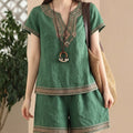 Women's Ethnic Vacation Embroidered Short Sleeve Shorts 2-Piece Set 2026 - Navy