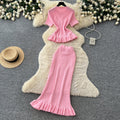 Summer Office Korean Knit Ruffle Fitted 2-Piece Set