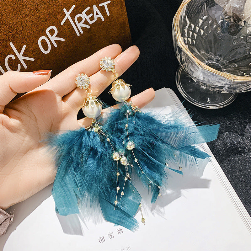 Rhinestone Bow Feather Tassel Earrings - view 9