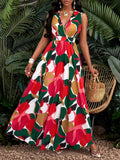 Tropical Print V-Neck Twist Knit Fitted Trumpet Skirt Dress