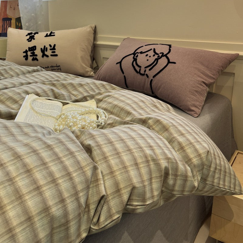 Plaid Yarn-Dyed Cotton 4-Piece Bedding Set with Towel Embroidery - view 4