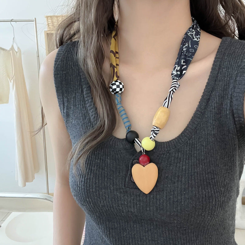 Bohemian Printed Fabric and Acrylic Heart Pendant Necklace - view 6