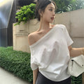 Off-Shoulder Oversized T-Shirt - Casual Solid Color Irregular Hem Short Sleeve Top