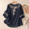 Women's Summer Artistic Retro Linen Cotton Embroidered Crew Neck Lightweight Loose Sh - Pink