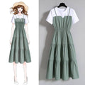 Plus Size Spliced Maxi Dress - French Style Waist-Cinching Short Sleeve with Straps