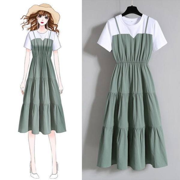 Plus Size Spliced Maxi Dress - French Style Waist-Cinching Short Sleeve with Straps