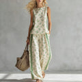 Old Money Style Linen Two-Piece Set - Sleeveless Print Top plus Wide Leg Pants