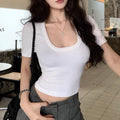 ins pure lust style short-sleeved slim u-neck bottoming short t-shirt women's clavicle-exposing low-