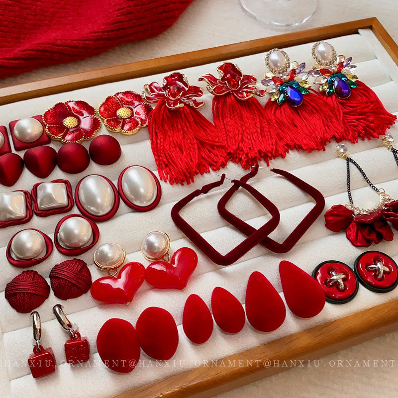Red Square Flower Tassel Earrings - view 2