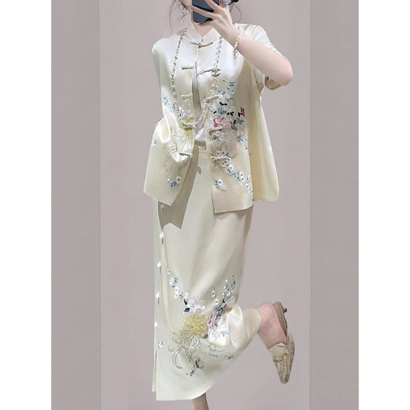 Summer New Chinese Unique Acetate Vest + Jacket + Skirt + Top Set