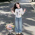 Girls' Printed Long Sleeve Tee and Jeans Two-Piece Set