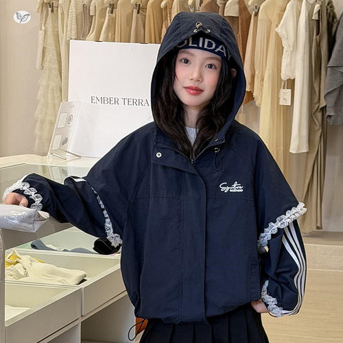 Girls' Lace Trim Hooded Zip Jacket - Fall New Style