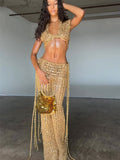 2026 Sequin Halter Hollow-Out Knit Crop Top + High Waist Straight Leg Pants Set