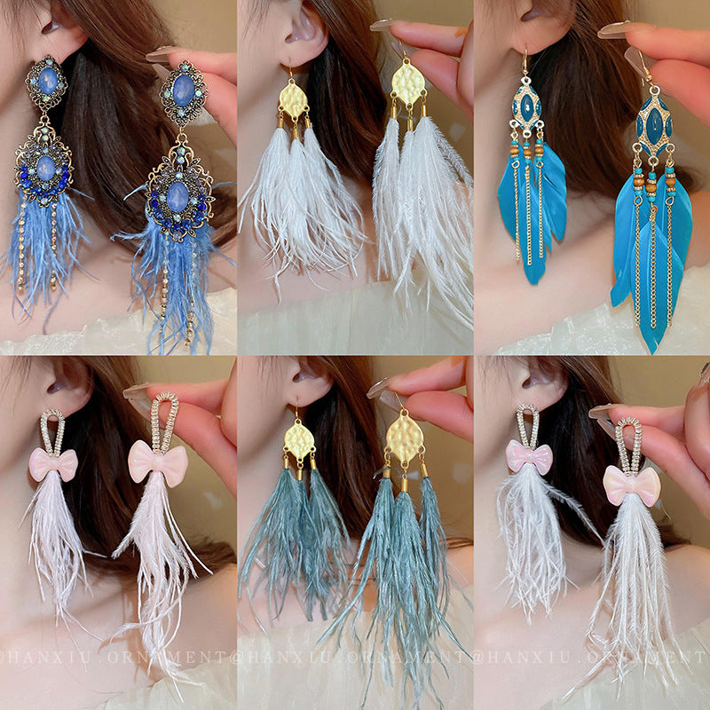 Rhinestone Bow Feather Tassel Earrings - view 3