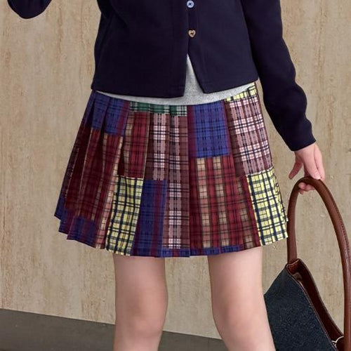 Girls' Workwear Patchwork Jacket & Pleated Skirt Set