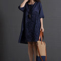 Korean Style Plus Size Cotton Linen Embroidered Short Sleeve Dress