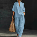 Summer Old Money Relaxed Linen Short Sleeve V-Neck Loose Wide Leg Pants + Top 2-Piece Set