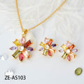 New Import Korean Influencer Live Bestseller Copper Set Colorful Cubic Zirconia Flower Pendant Necklace Fashionable OL Set
