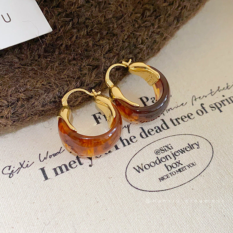 Gold-Plated U-Shaped Resin Huggie Earrings - view 2