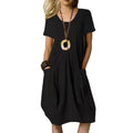 Cotton Linen Round Neck Short Sleeve Dress - Casual Solid Color Summer Dress