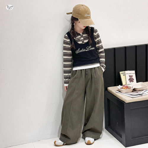 Girls' Faux Layered Striped Polo Wide-Leg Pants Set