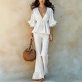 Summer Casual Fashion Short Sleeve V-Neck Tie-Front Ruffle Shirt Set
