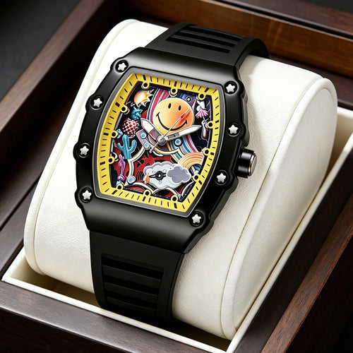 Export Bestseller Trendy Watch Stylish Fashionable Quartz Waterproof Wine Barrel Shape Men Cutout Smiley Watch Drop Ship