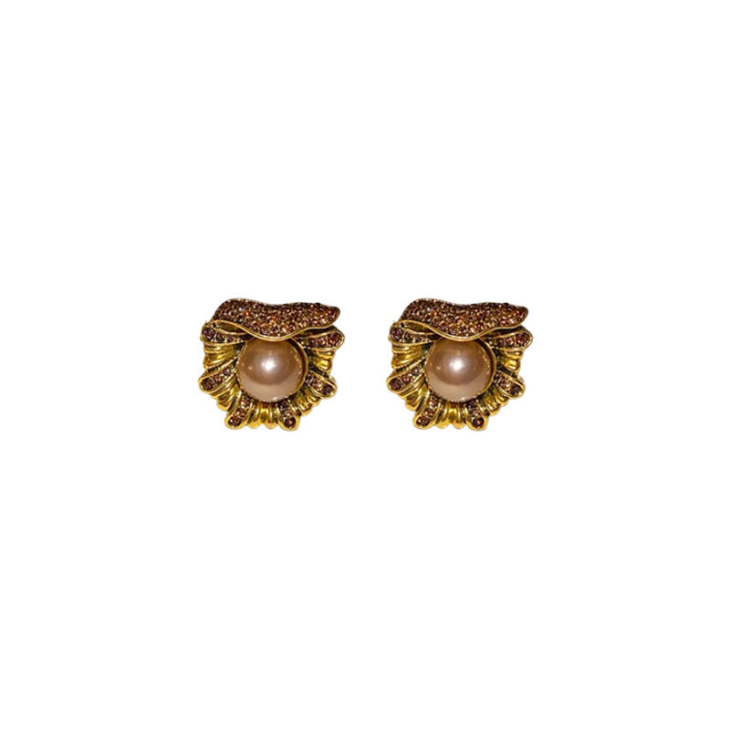 Vintage Rhinestone Flower Pearl Stud Earrings - view 5