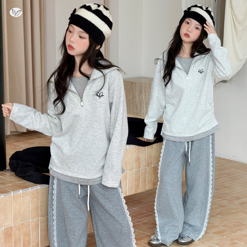 Girls' Faux Layered Striped Hoodie Lace Trim Sweatpants Set