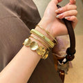 Vintage Gold Flower Width Edge Bangle Women Multi-Layered Wear Vacation Breeze Bracelet Exquisite Fashionable Hand Jewelry